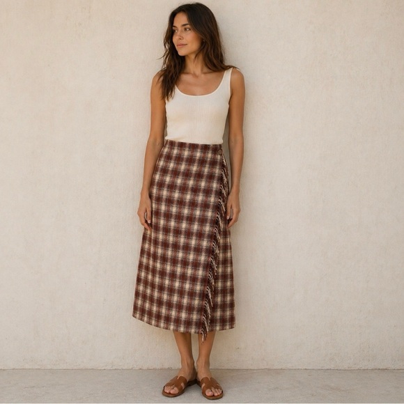 Daniel Hechter Dresses & Skirts - Daniel Hechter Plaid Fringe Wrap Midi Skirt, Brown/Beige, Wool Blend, Size 6 (S)